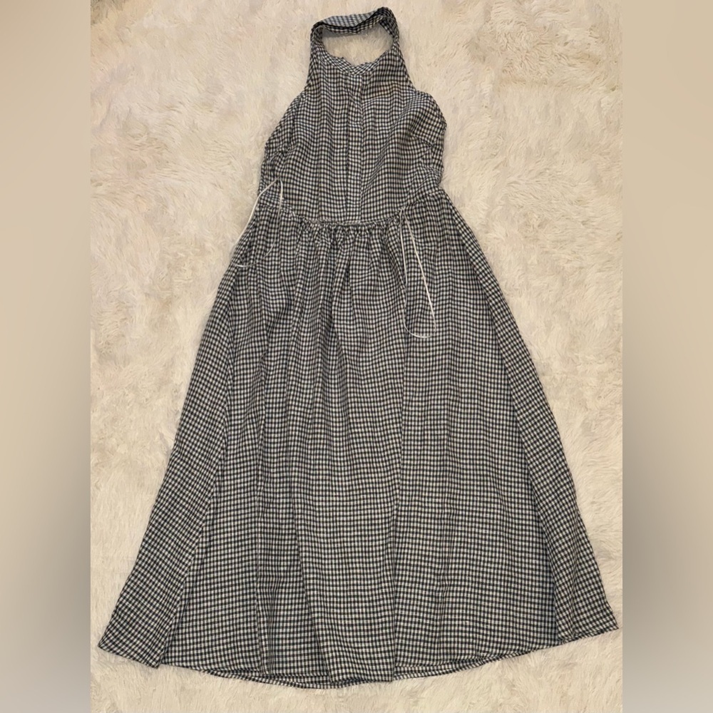 NEW Reformation Tace Halter Blue White Gingham Linen Midi Dress Slate Navy 12 - Picture 7 of 9